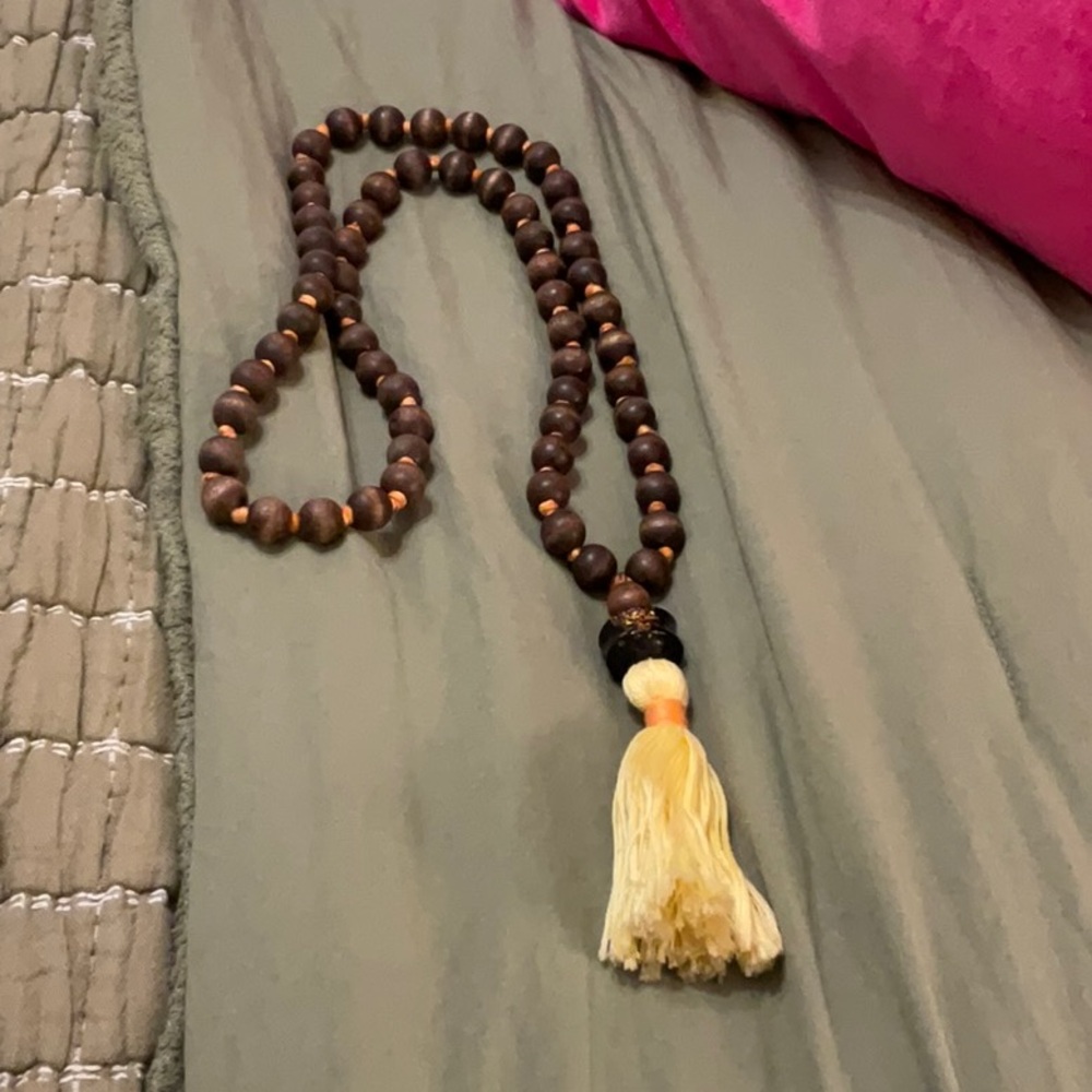 Wood Bead Necklace with Cream Tassel